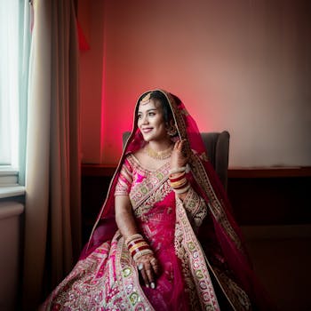 A beautiful Indian bride in a traditional red dress, smiling and adorned with jewelry and henna.